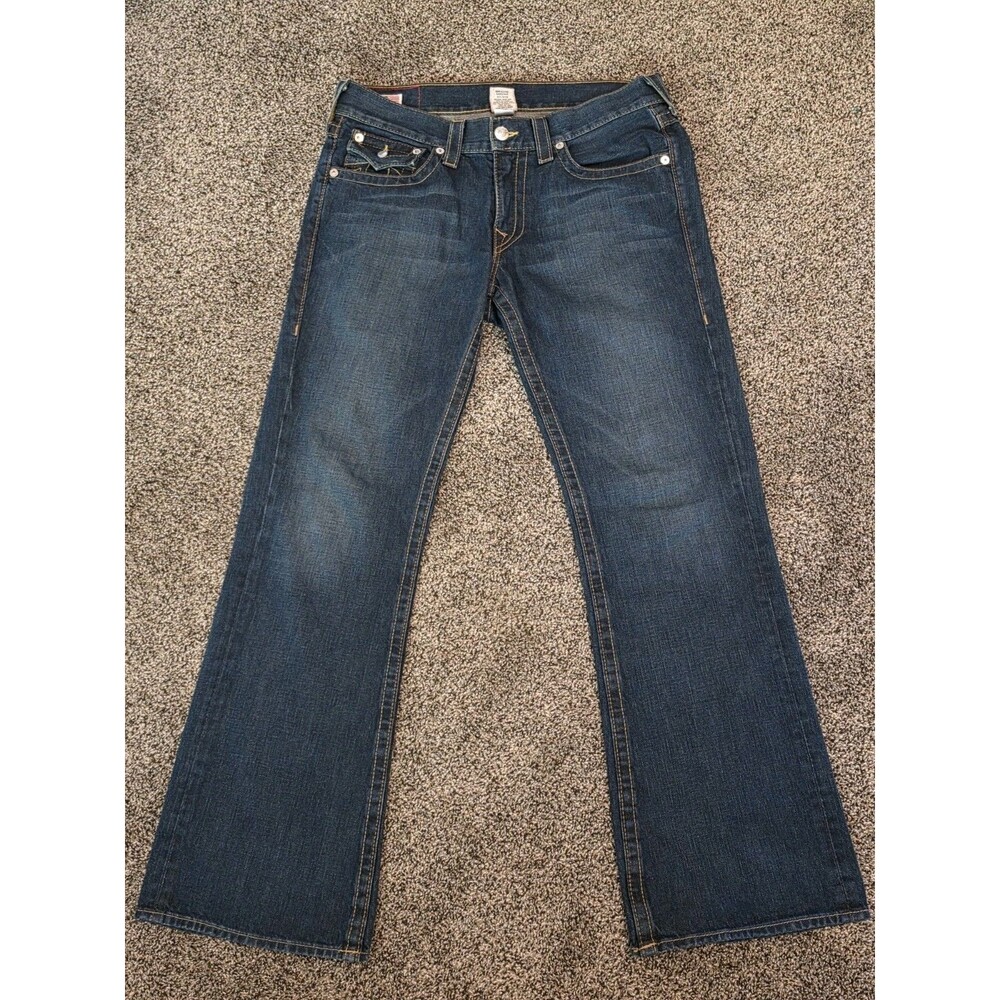 True Religion Billy Bootcut Jeans Dark Wash Orange Stitch Flap Pocket Mens 34x33